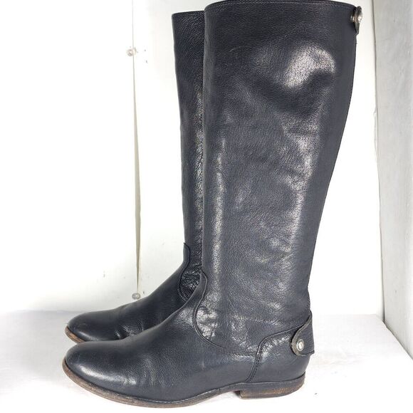 FRYE Women's Melissa Back Zip US 7,5B Black Leather Button Tall Riding Boots - Picture 2 of 16
